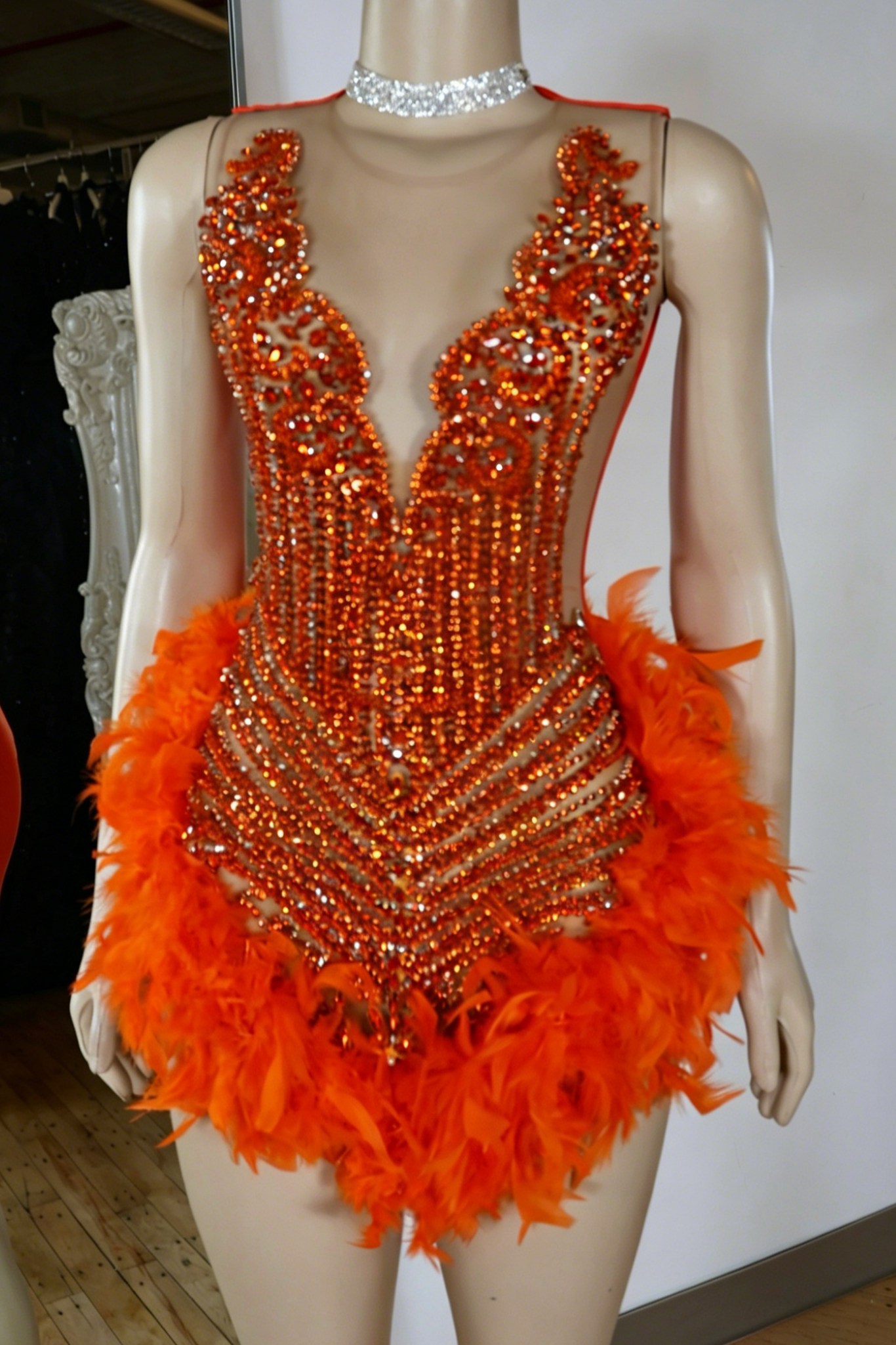 Rhinestone Embellished Feather Mini Dress