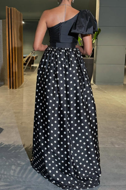 One-Shoulder Polka Dot Evening Gown with Slit