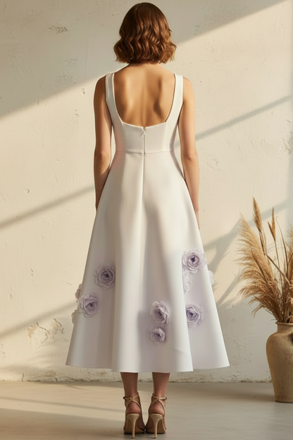 Square Neck A-Line Midi Dress with 3D Flowers