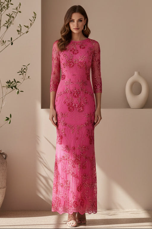 Elegant Beaded Sheath Evening Gown with 3/4 Sleeves