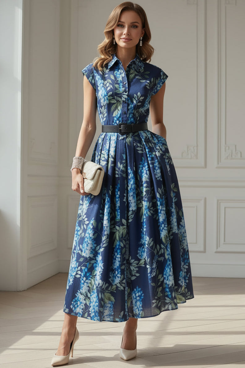 Floral Print Pleated Midi Shirt Dress with Pockets
