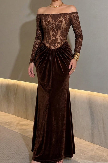 Off-the-Shoulder Lace and Velvet Evening Gown