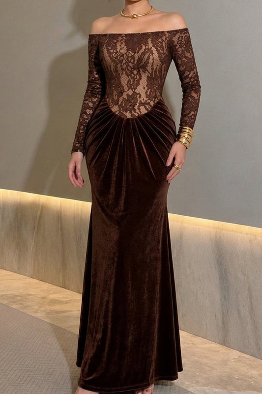 Off-the-Shoulder Lace and Velvet Evening Gown