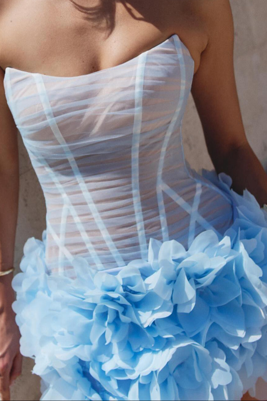 Strapless Corset Mini Dress with 3D Flower Skirt