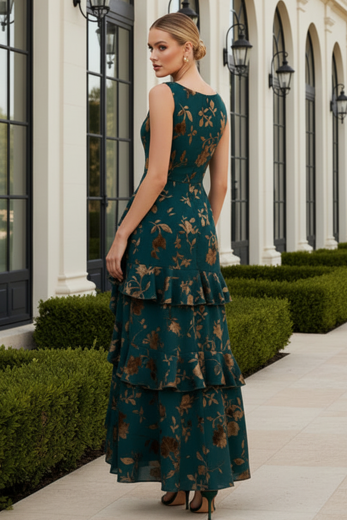 Floral Jacquard Ruffle High-Low Evening Dress