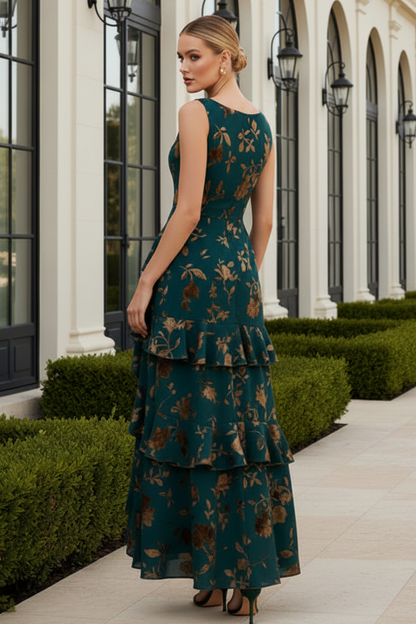 Floral Jacquard Ruffle High-Low Evening Dress