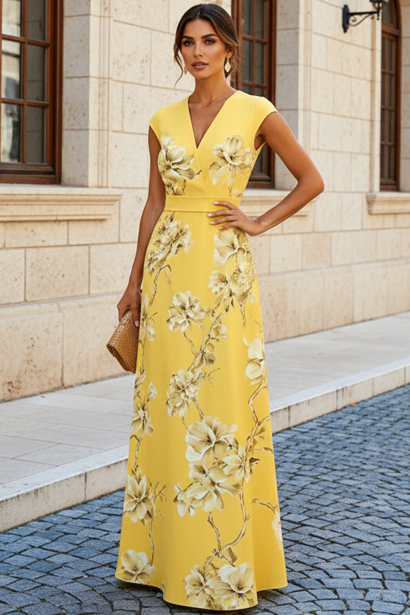 Floral Print A-Line Maxi Dress with Cap Sleeves