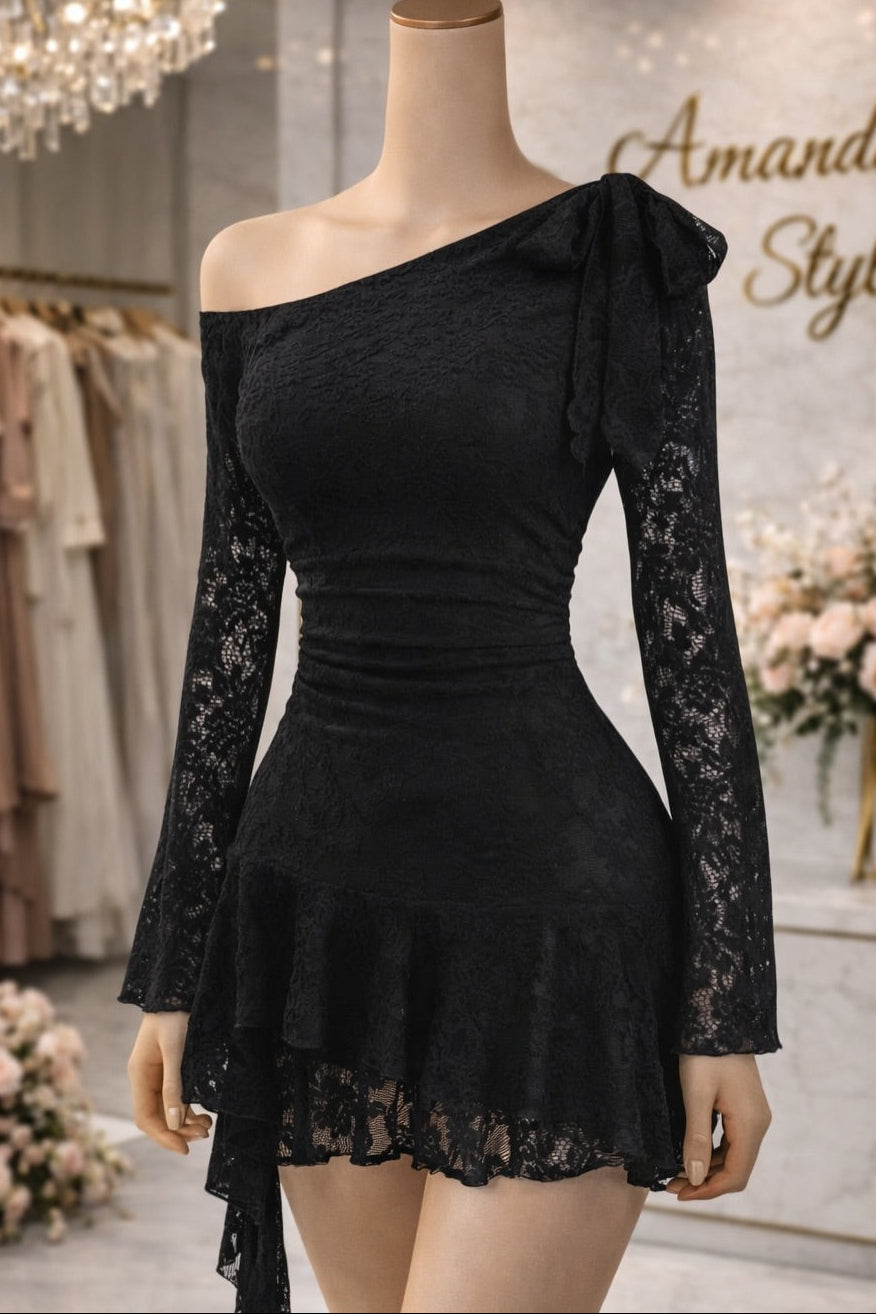 One Shoulder Lace Mini Dress with Bell Sleeve Ruffle Hem