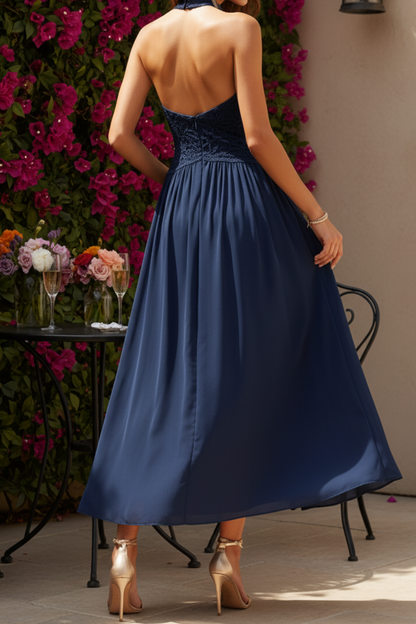 Halter Neck Lace and Satin Midi Dress