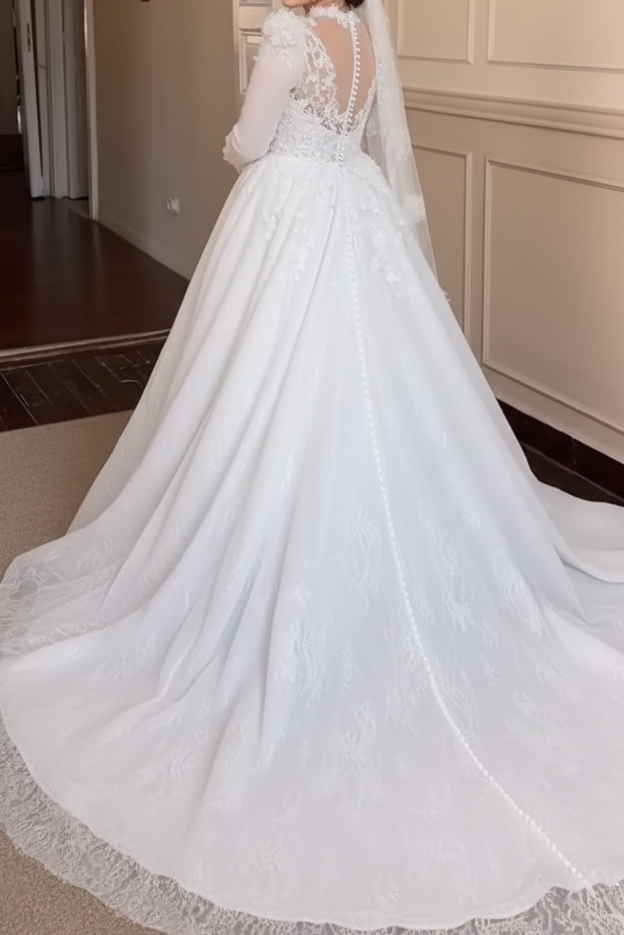 Long Sleeve Floral Applique Bridal Gown