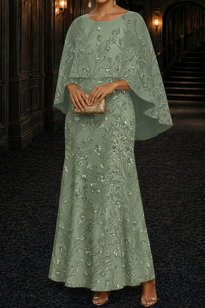 Sequin Botanical Capelet Overlay Evening Gown
