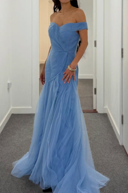 Off-the-Shoulder Pleated Tulle Mermaid Evening Gown