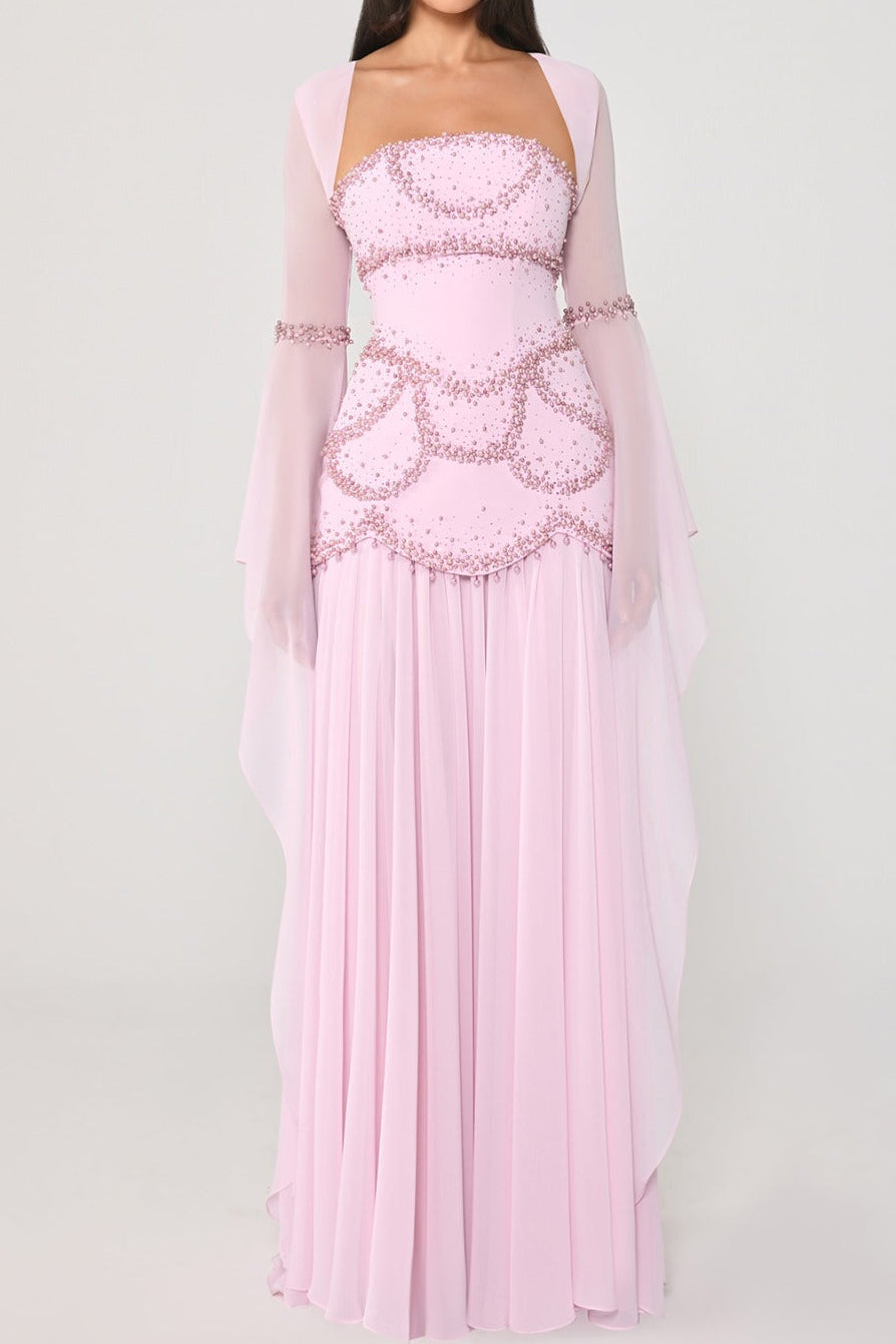 Beaded Drop-Waist Gown with Draped Sleeves