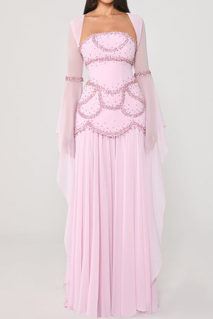 Beaded Drop-Waist Gown with Draped Sleeves