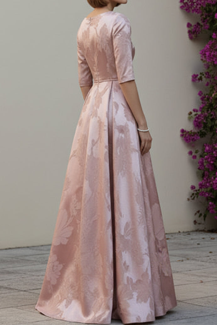 Floral Jacquard A-Line Evening Gown with Tie-Waist Belt