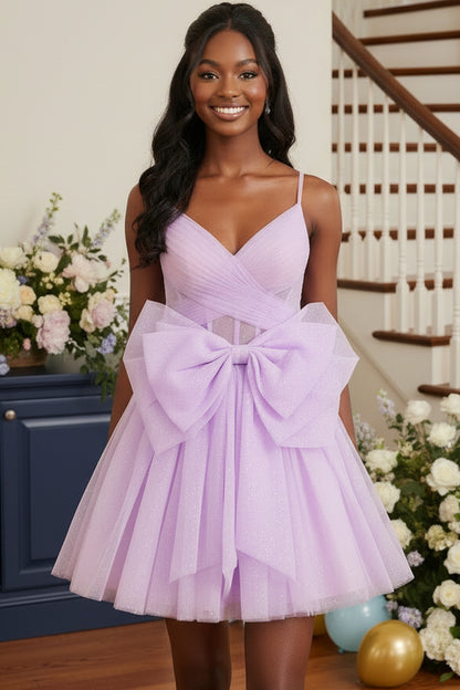 Glitter Tulle A-Line Mini Dress with Statement Bow