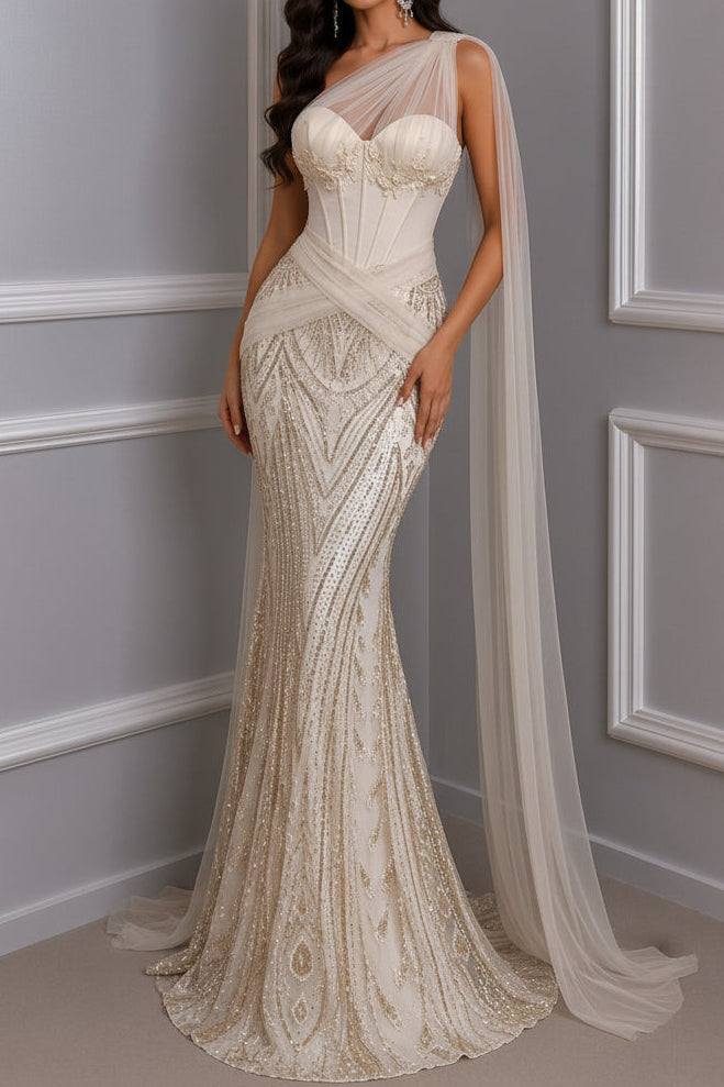 One-Shoulder Cape Sequin Mermaid Gown