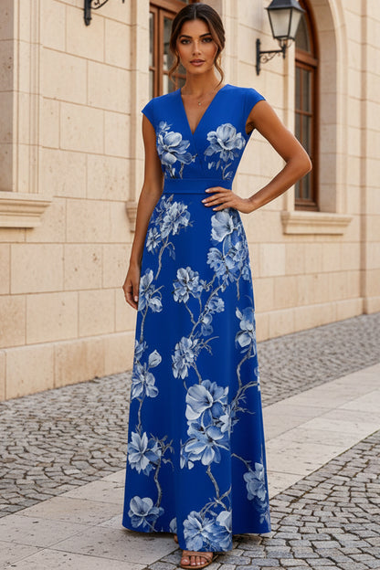 Floral Print A-Line Maxi Dress with Cap Sleeves