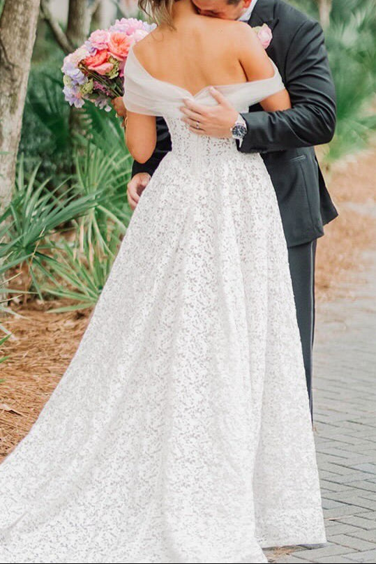 Patterned Lace A-Line Wedding Dress with Tulle Wrap