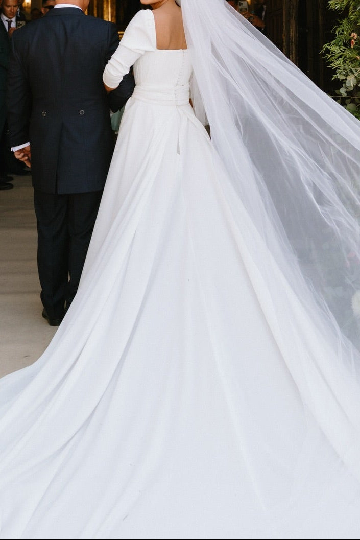 Square Neck A-Line Crepe Wedding Dress with Train