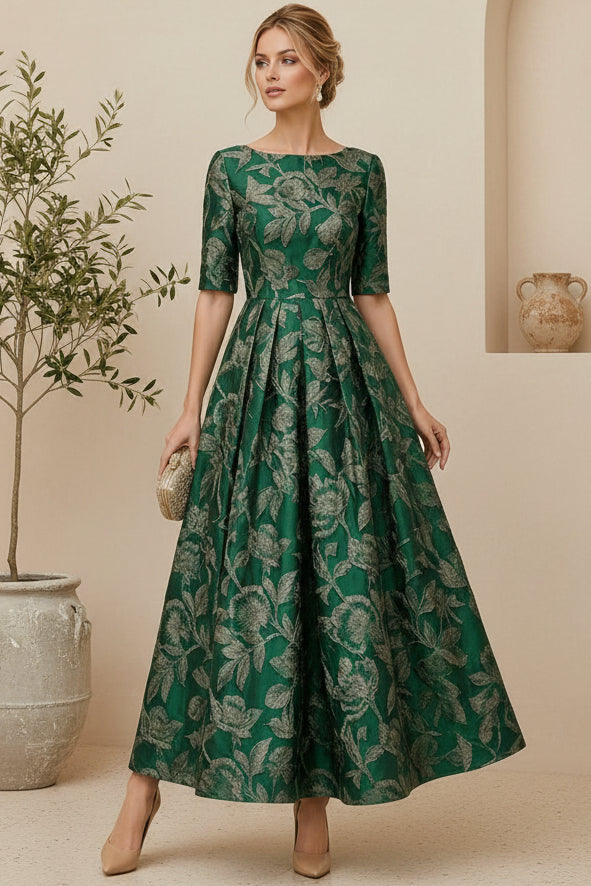 Jacquard Bateau Tea-Length Formal Dress