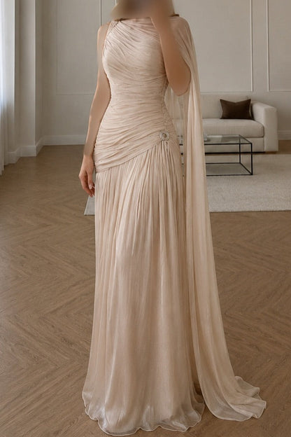 Ruched Cape Column Evening Gown