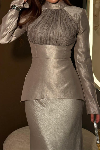High Neck Metallic Long Sleeve Peplum Evening Gown