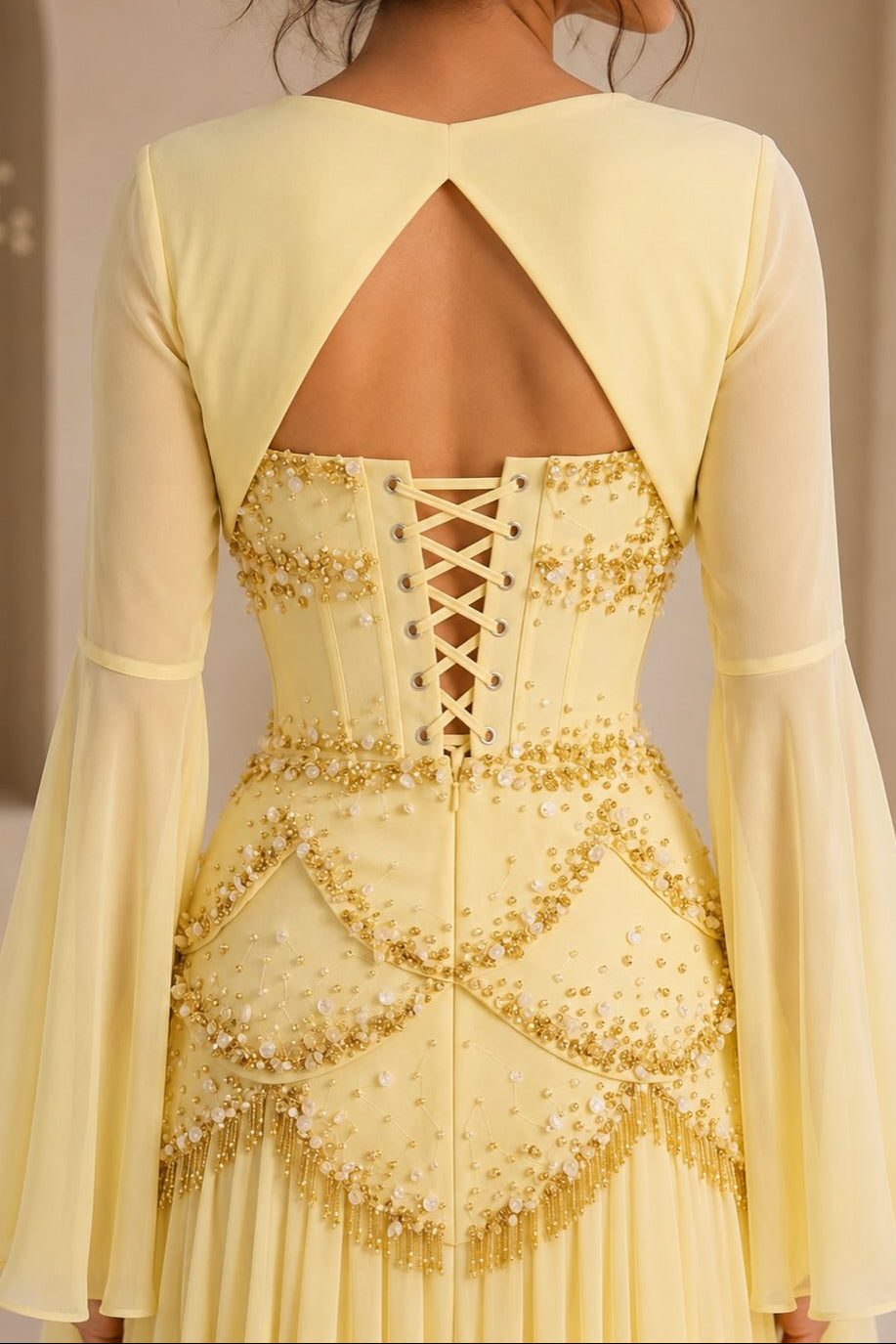 Beaded Corset Pleated Chiffon Gown with Bell Sleeves
