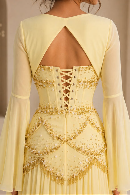Beaded Corset Pleated Chiffon Gown with Bell Sleeves