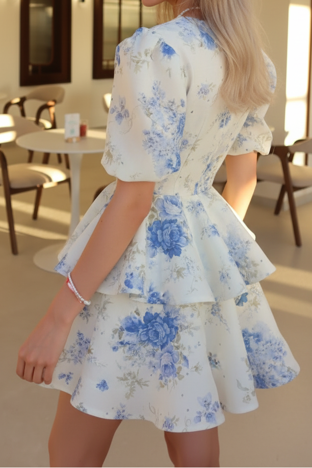 Tiered Floral Mini Dress with Puff Sleeves