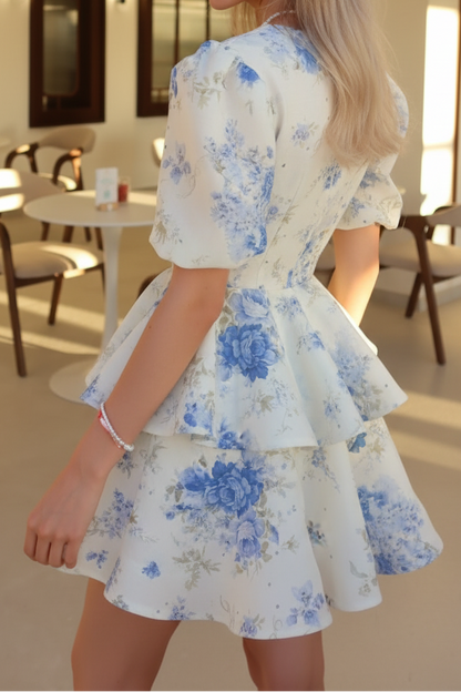 Tiered Floral Mini Dress with Puff Sleeves