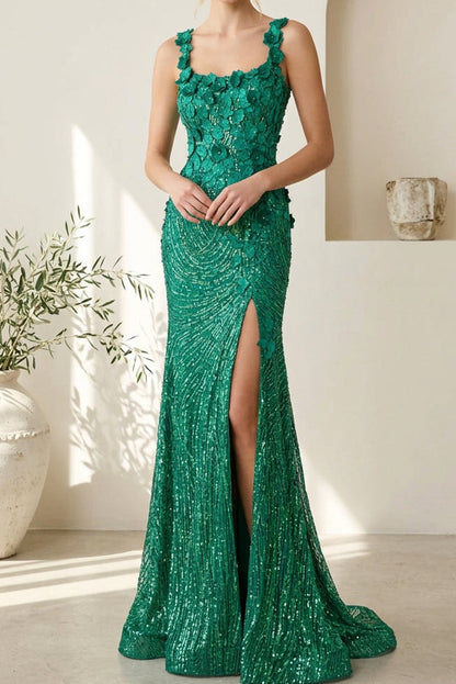 Sequin Floral Applique Gown with Slit