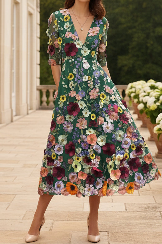 Floral Embroidered Deep V-Neck Midi Dress with Pockets