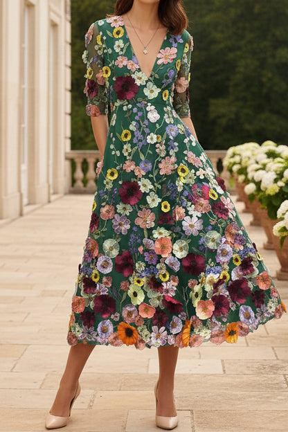 Floral Embroidered Deep V-Neck Midi Dress with Pockets