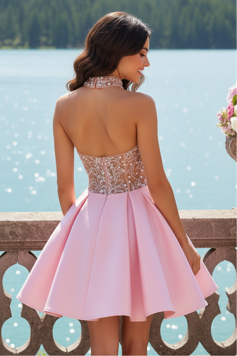 Pearl Beaded Illusion High-Neck Satin Mini Dress