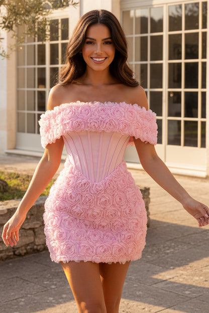Off-Shoulder Corset Mini Dress with 3D Floral Trim