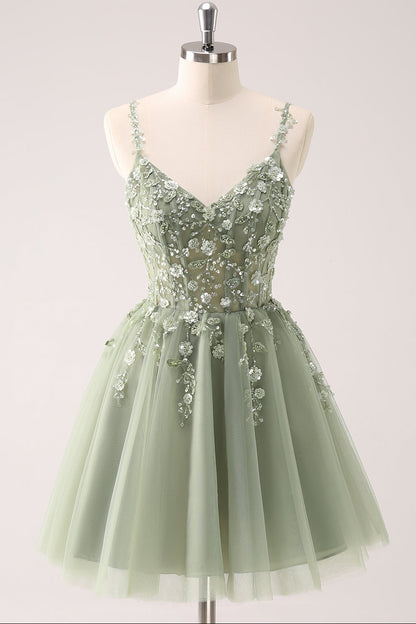 Floral Applique Short Homecoming Dress with Corset Back