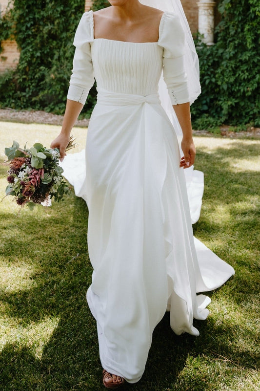 Square Neck A-Line Crepe Wedding Dress with Train