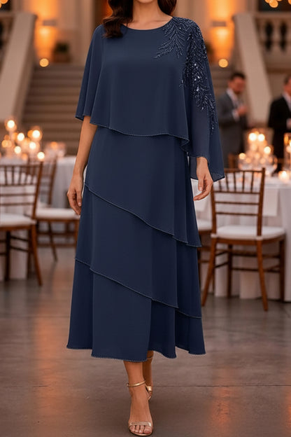 Tiered Midi Dress with Embellished Capelet