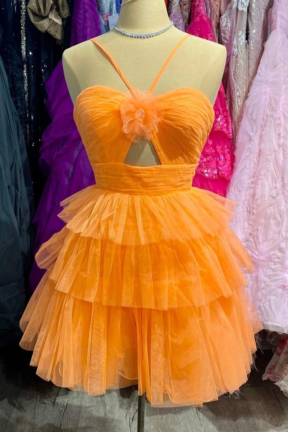 Tiered Tulle Cut-Out Halter Mini Dress