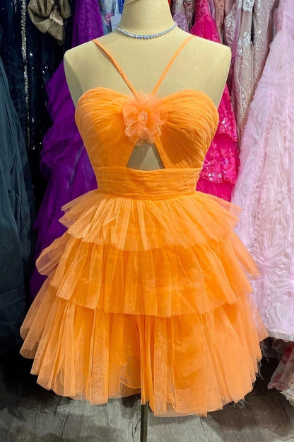 Tiered Tulle Cut-Out Halter Mini Dress