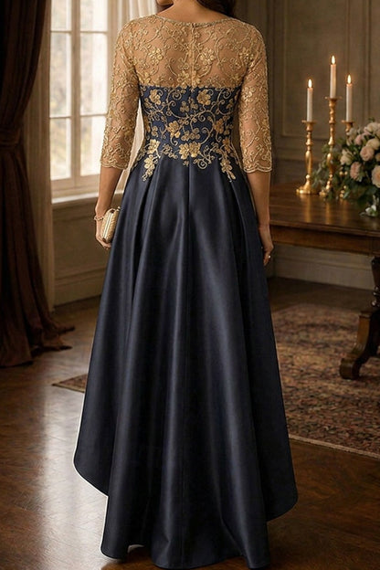 High-Low Satin Gown with Gold Embroidered Illusion Bodice