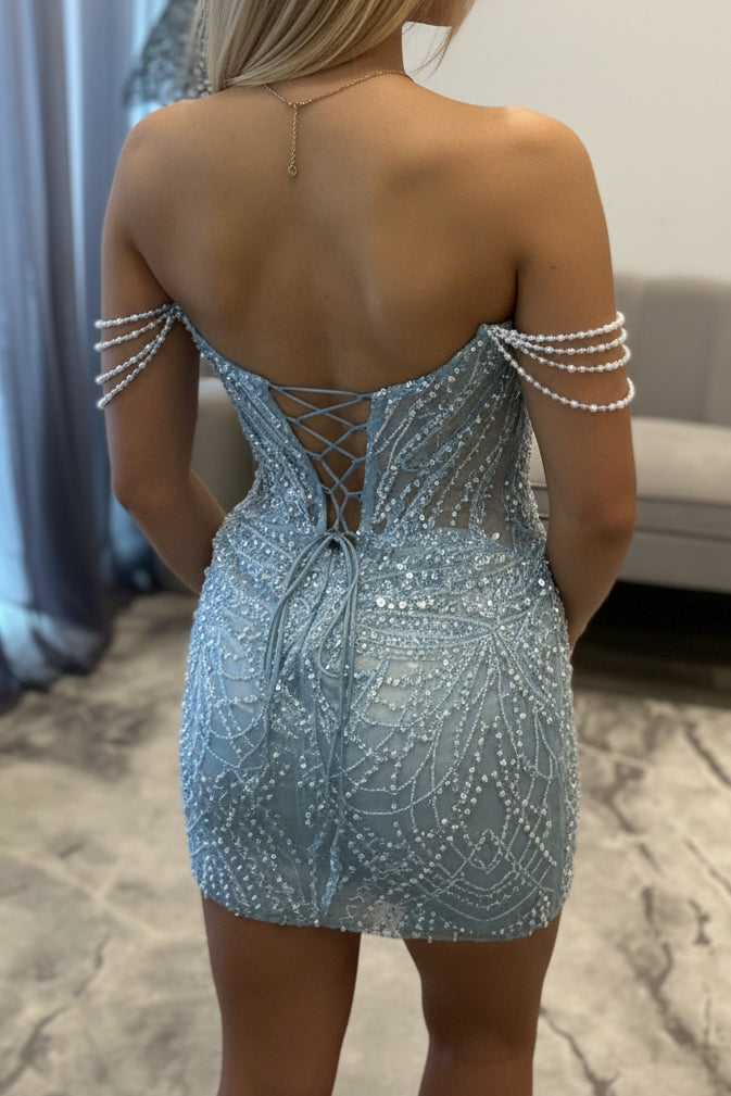 Off Shoulder Pearl Beaded Bodycon Mini Dress