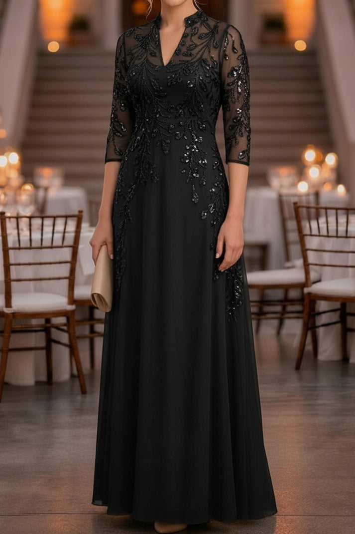 Sequin Illusion Sleeve A-Line Formal Evening Dress