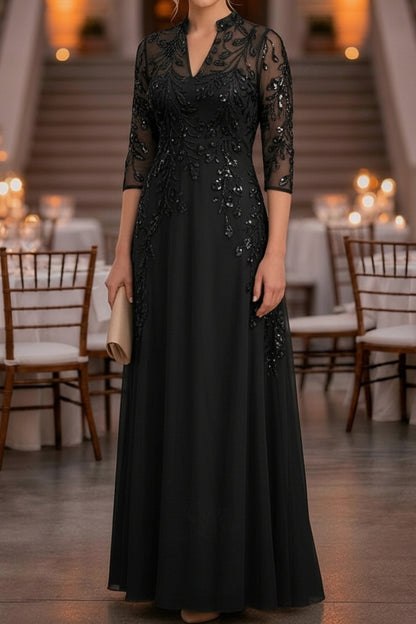 Sequin Illusion Sleeve A-Line Formal Evening Dress