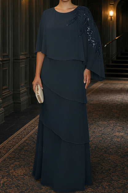 Tiered Capelet Evening Gown with Sequin Accent