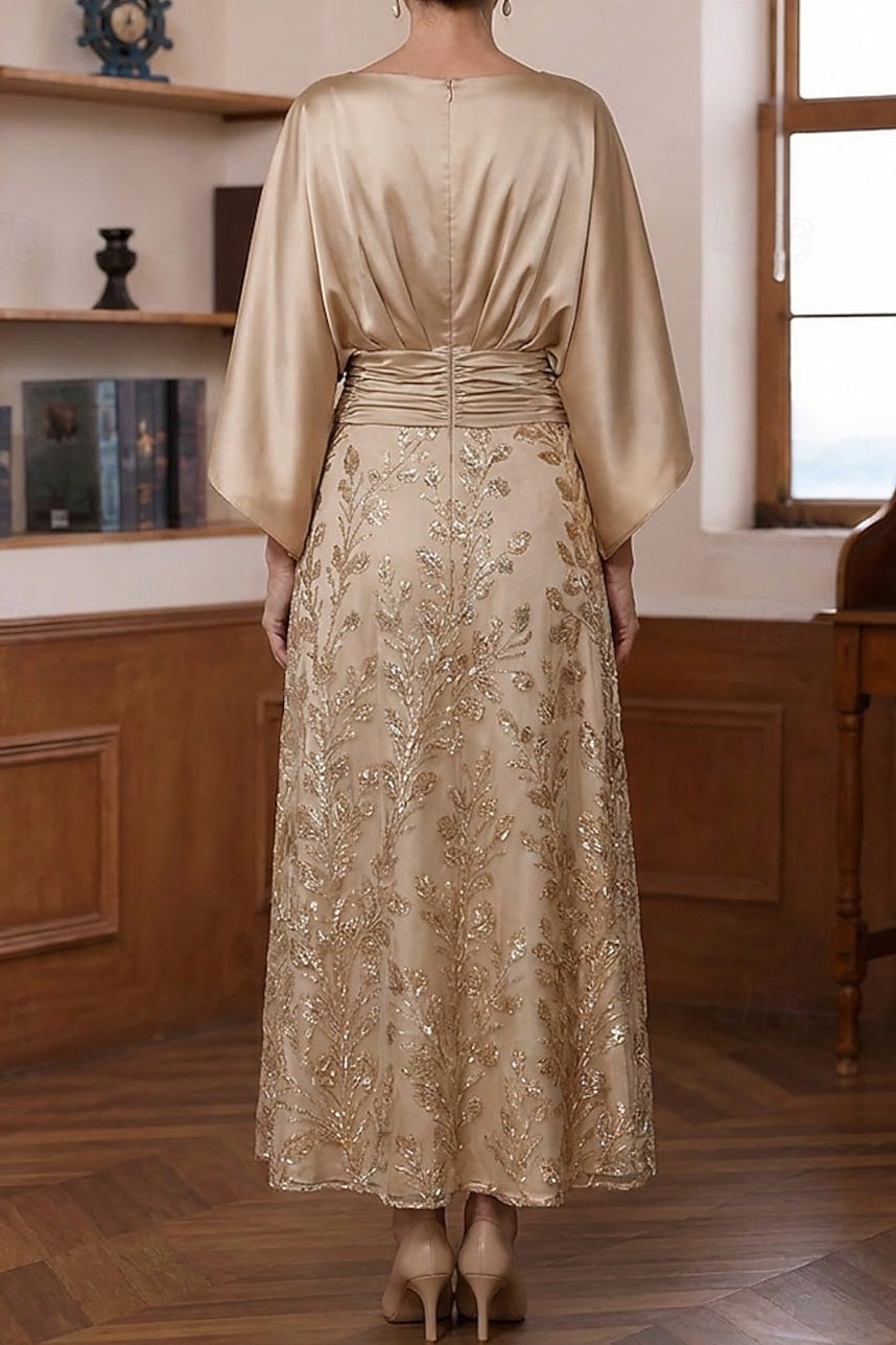Batwing Sleeve A-Line Dress with Sequin Skirt