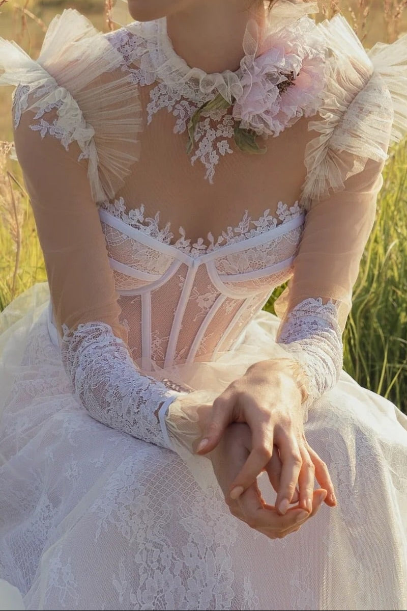 Corset Wedding Dress with Illusion Neck & Ruffled Sleeves
