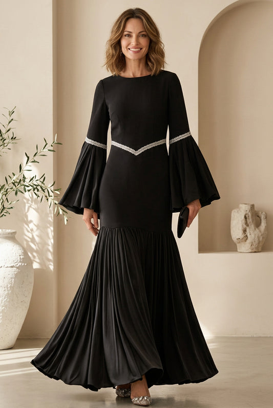 Bell Sleeve Maxi Dress with Pleated Trumpet Hem