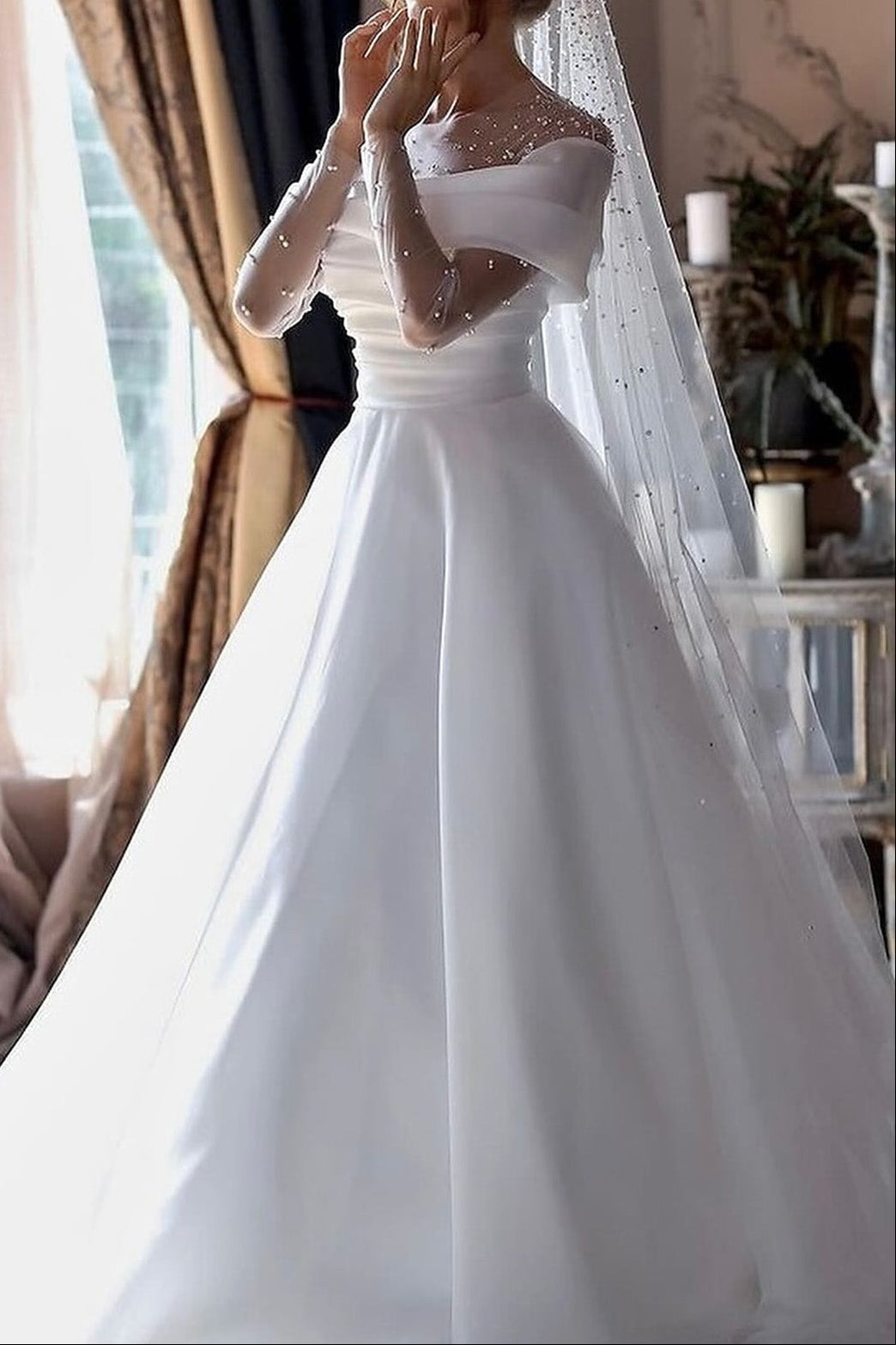 Pearl Illusion Off-the-Shoulder Satin Wedding Dress